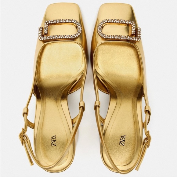 ZARA Embellished Block Heel Slingback Shoes Gold - Picture 2 of 15